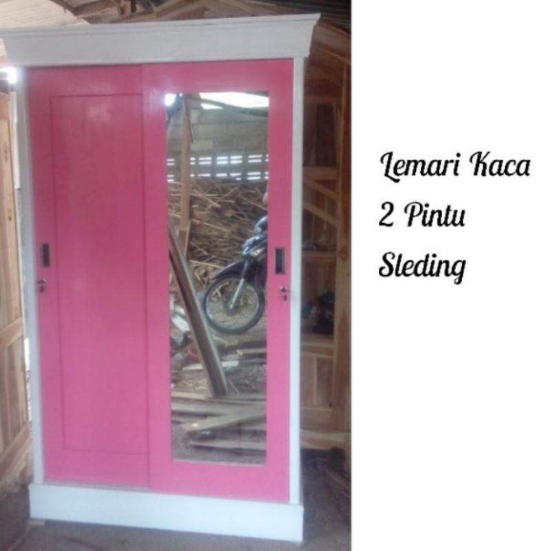 Lemari Pakaian Baju Minimalis Kayu Jati 2 Pintu Sleding ada Kaca