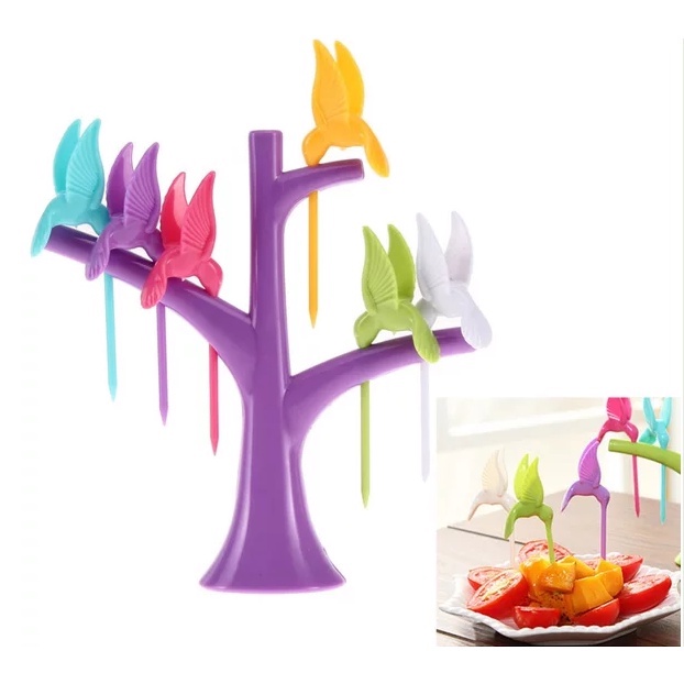 Set Isi 6 Garpu Buah Kue Food Pick Garpu Kecil Mini Buah Motif Burung + Gantungan Garpu Bentuk Pohon