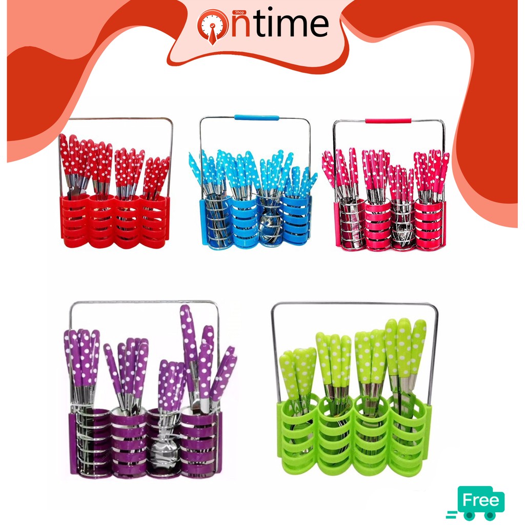 Sendok Polkadot Garpu Pisau Stainless Steel 24Pcs Set MURAH