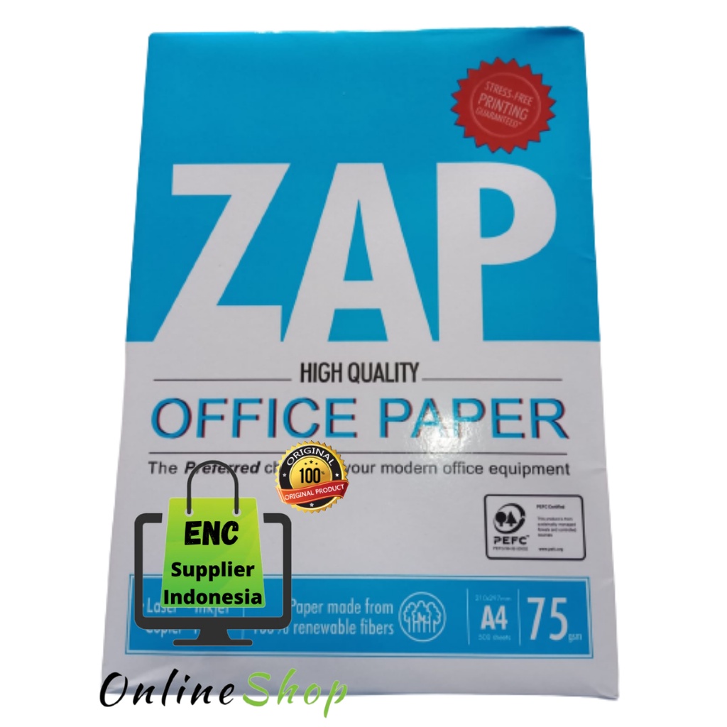 

ZAP a4 500 lembar kertas hvs 75 gram kertas fotocopy 75gr gr fotokopi print printer per rim - enc.sup