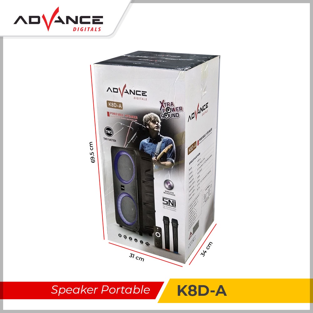 Advance Digitals K8D-A Speaker Meeting Bluetooth Salon Aktif 8&quot; Gratis 2 Mic Karoke Batrei Besar RGB Light TWS