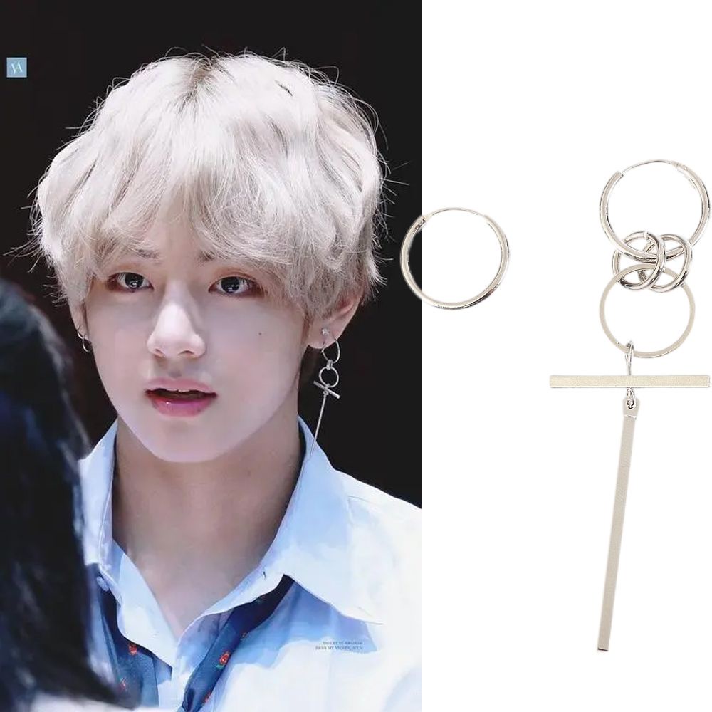 Anting Stud Desain Kim Taehyung Geometris Bahan Alloy Warna Silver Gaya Korea Untuk Pria Dan Wanita