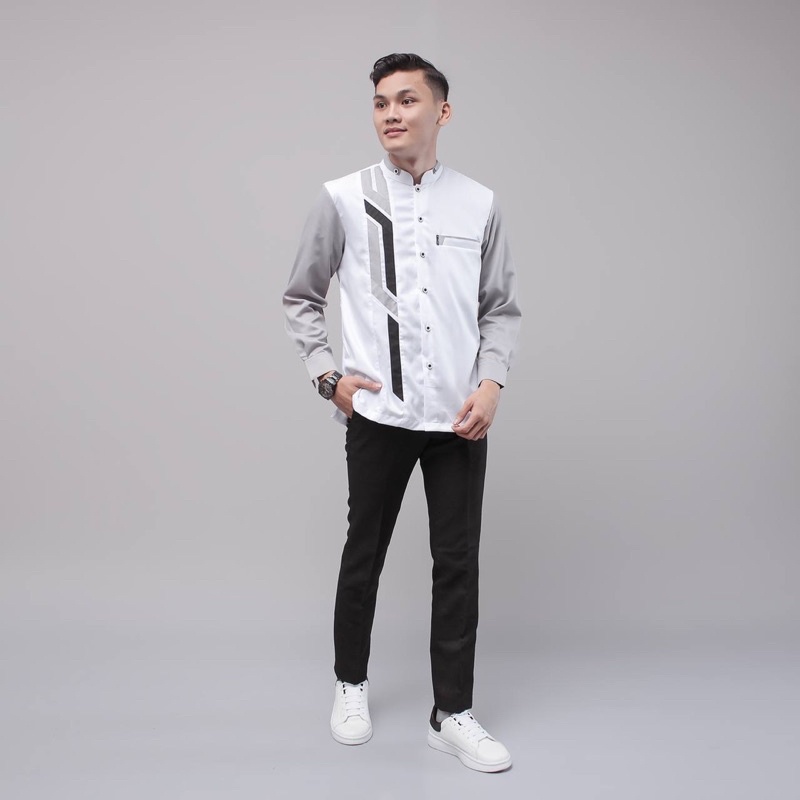 Baju Koko Silver Lengan Panjang Motif Sinergi Putih Abu Original Elrumi Toyobo Premium Slimfit Casual