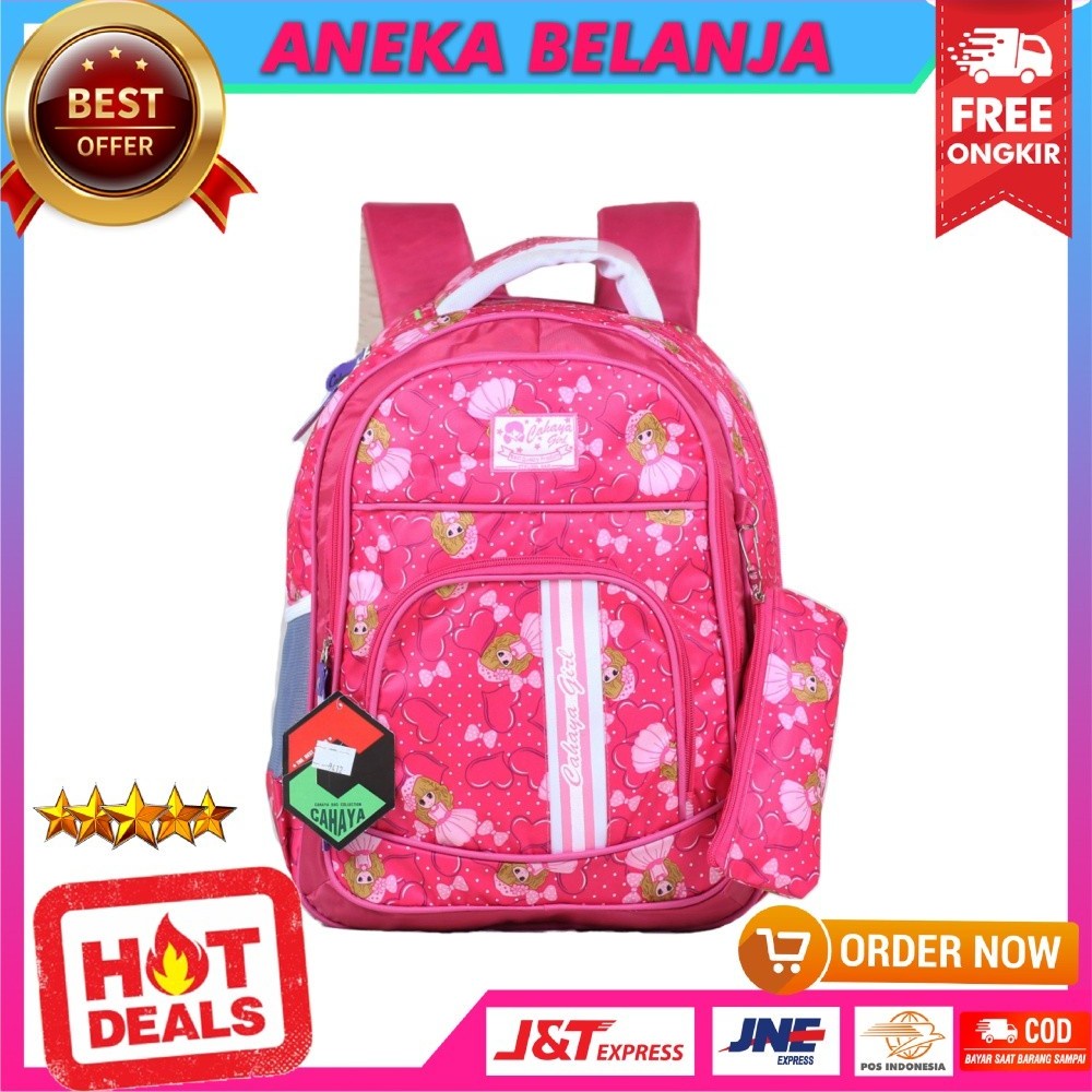 Tas Anak Sekolah Keren Ransel Cewek Cahaya Princess Strip Pink Gratis Tempat Pensil dan Raincover