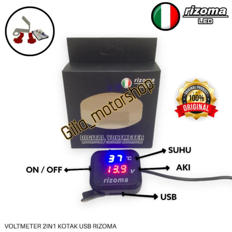 Voltmeter Digital 2 in 1 suhu voltmeter +USB Rizoma LED Kotak Universal