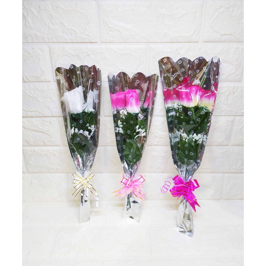 Bunga Mawar Satin PLASTIK METALIK - Bunga Tangkai Imitasi Valentine