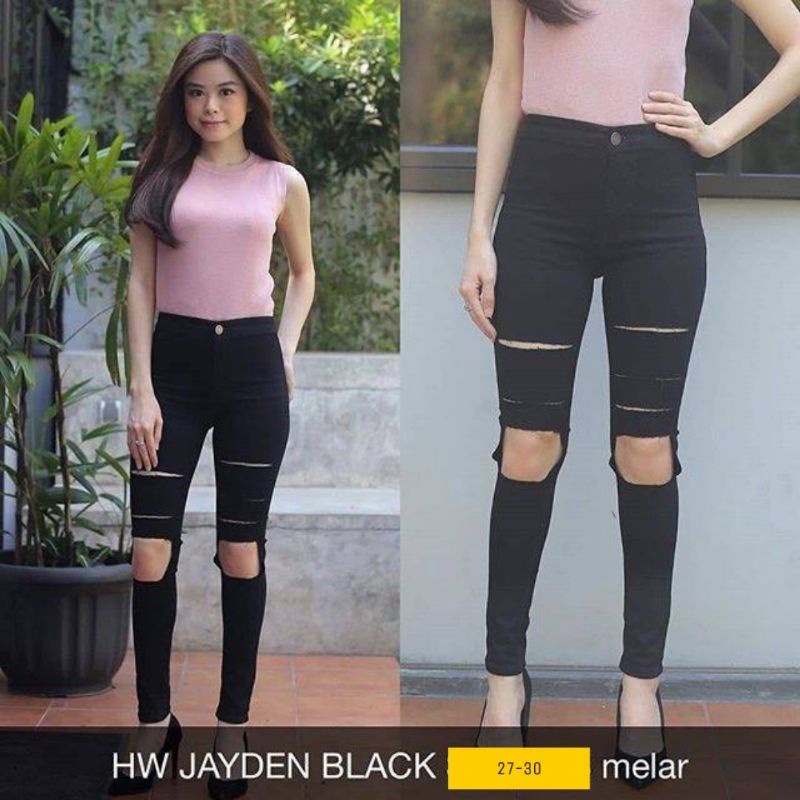 Celana Jeans Wanita HW Jayden Black Stretch Ripped Skinny Super Big Size Melar Sobek High Waist
