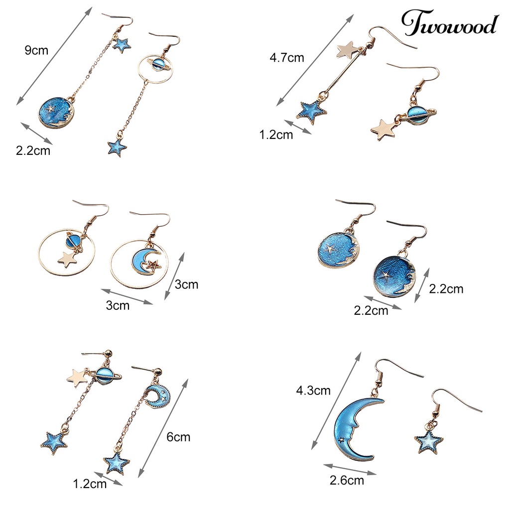 1 Pasang Anting Kait Desain Kartun Bulan Bintang Planet Asimetris Untuk Wanita