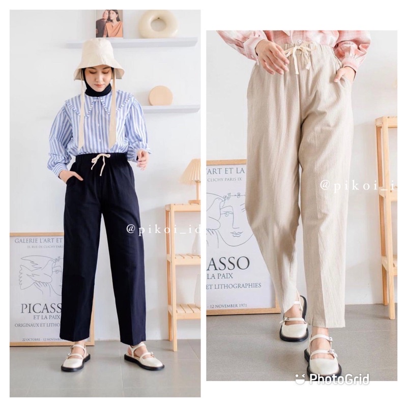 Celana putih murah / jogger pants tali katun linen / celana joger panjang celana panjang santai 2578