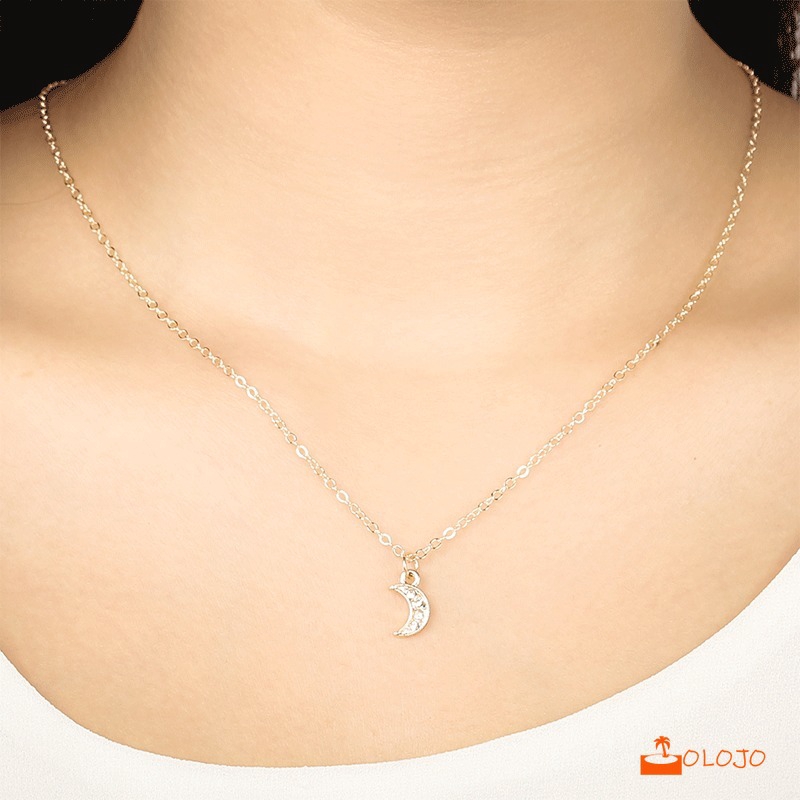 OLOJO  Moon Pendant Necklace Rhinestone Jewelry Dengan Rantai Pendek Klavikula Kalung Berlian Chain