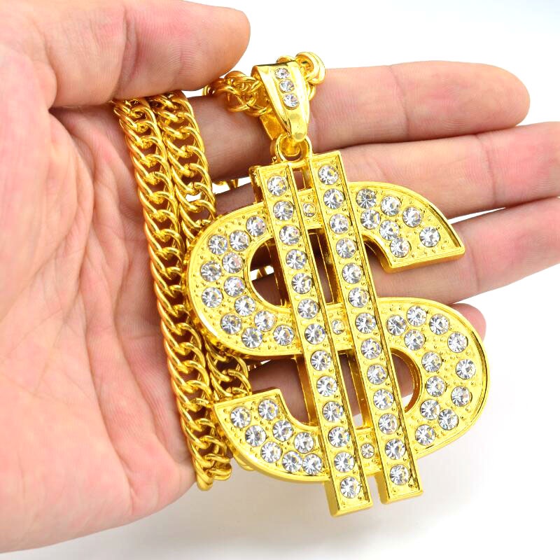 Kalung Liontin Simbol Summon Fortune US Dollar Aksen Berlian Imitasi Bahan Logam Warna Emas