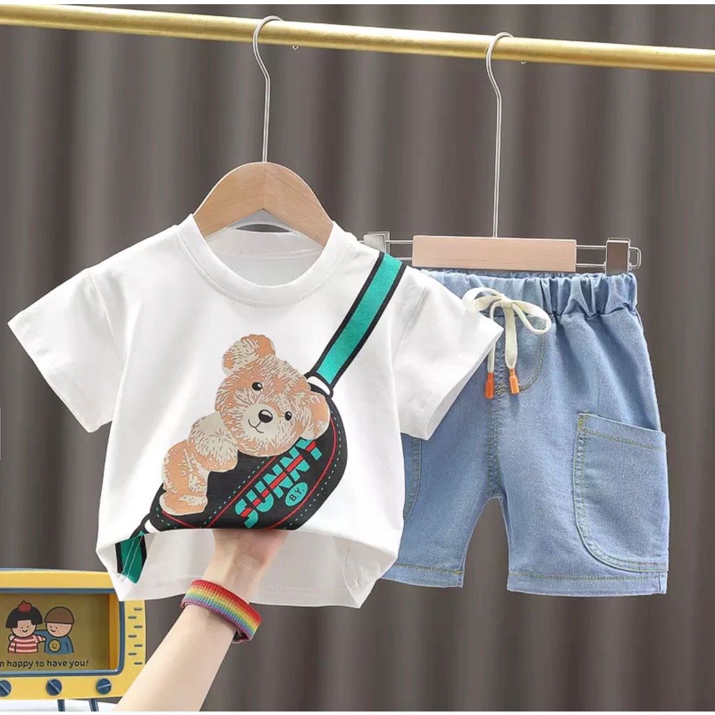 SETELAN ANAK BAJU KAOS CELANA PENDEK DENIM ANAK UMUR 1-5 TAHUN SETELAN MOTIF BEAR BAJU ATASAN ANAK LAKI LAKI PEREMPUAN OUTFIT ANAK MASA KINI TERBARU PAKAIAN ANAK TERMURAH