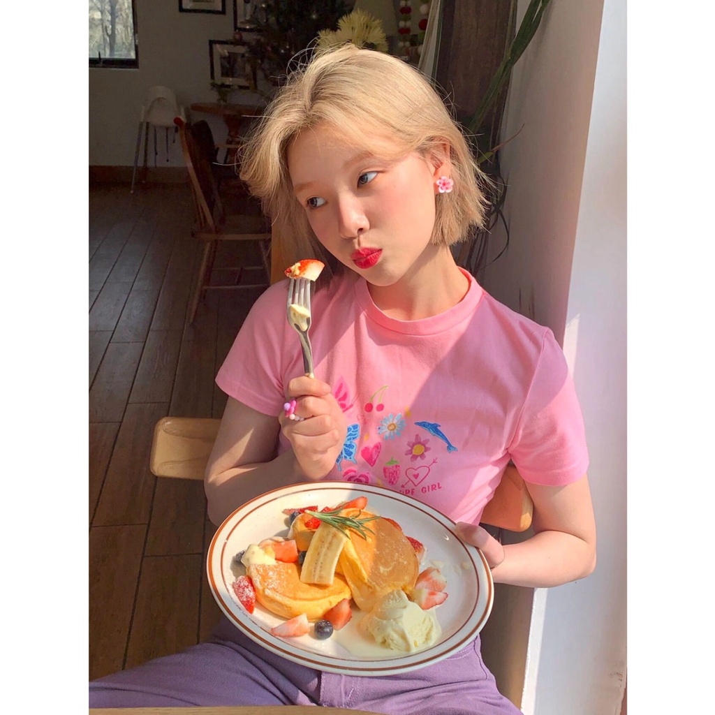 Lucu girly T-shirt lengan pendek musim panas baru manis hot girl Amerika slimming kemeja lengan pend