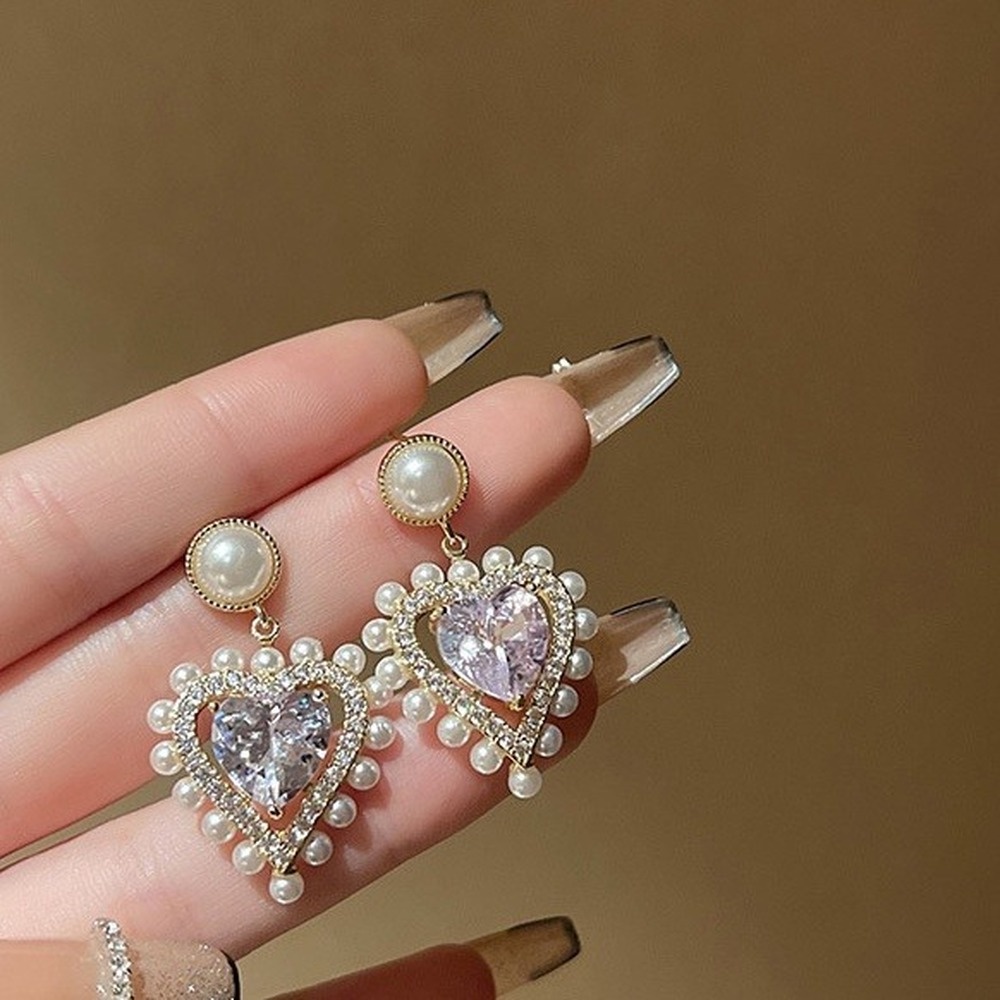 Anting Tusuk Gantung Temperament Desain Hati Hias Zirconmutiara Gaya Retrobarok Cantik Untuk Wanita