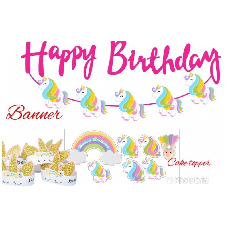 Paket Set topi + banner + cake topper Unicorn