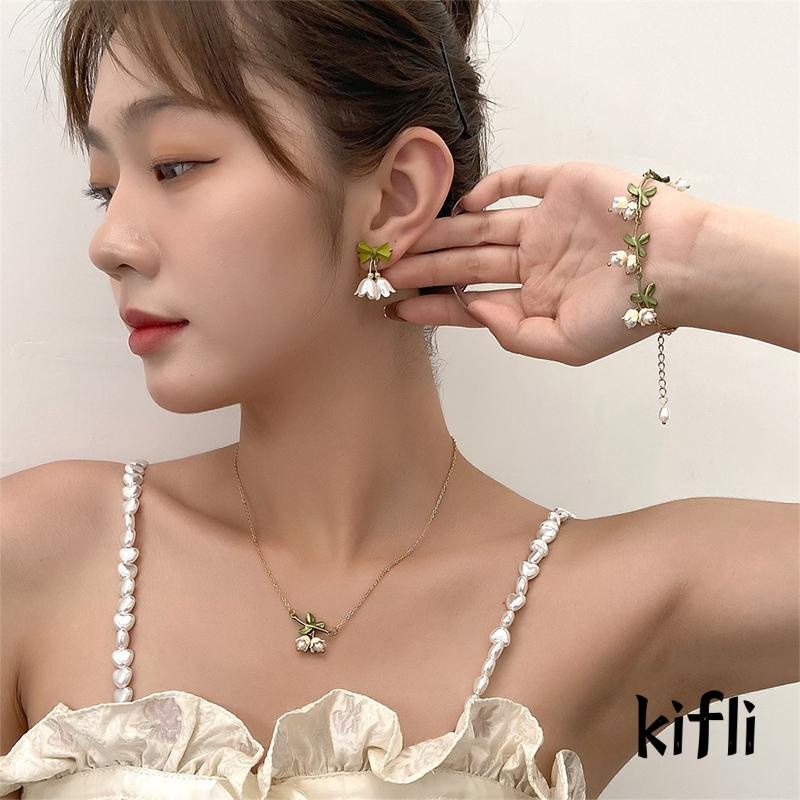 Set Kalung + Gelang + Anting Tusuk + Cincin,Motif Bunga Anggrek,Aksen Mutiara,Untuk Perhiasan Wanita