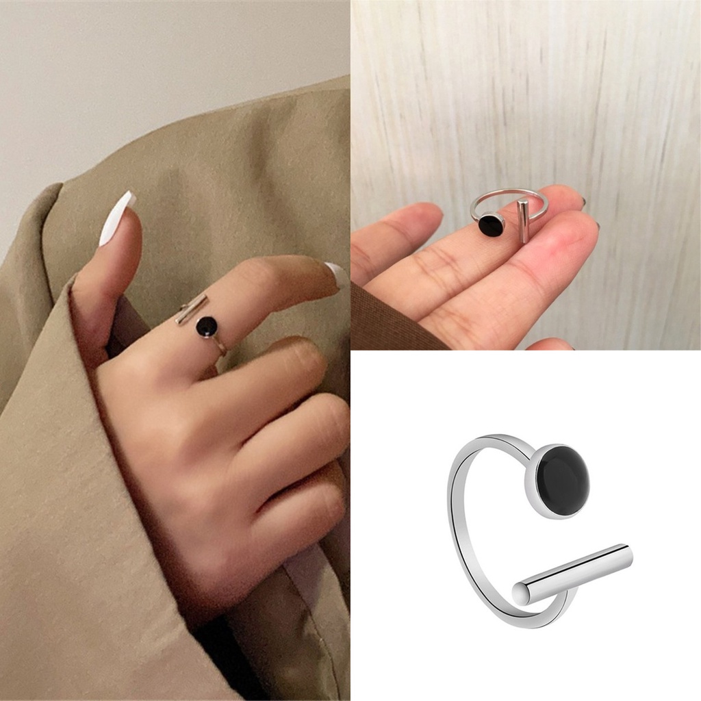 【COD Tangding】Cincin Model Terbuka Bentuk Lingkaran Geometris Warna Hitam Dapat Disesuaikan Untuk Wanita