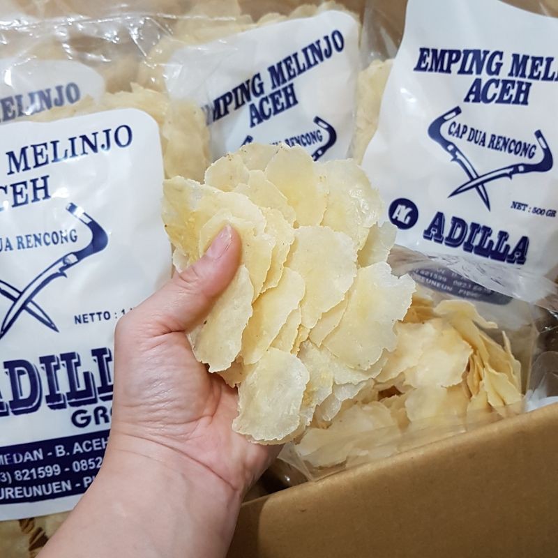 

Emping melinjo aceh kwalitas premium 500gram cap dua rencong Adilla