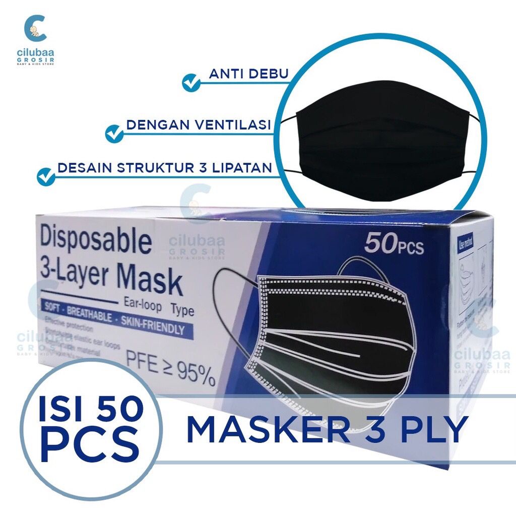 𝘈𝘉𝘎✰ Masker Earloop Biru 3ply / Masker ear loop hitam 3 ply / Disposable Face Mask / Masker Medis 3 Lapis isi 50 pcs 1005