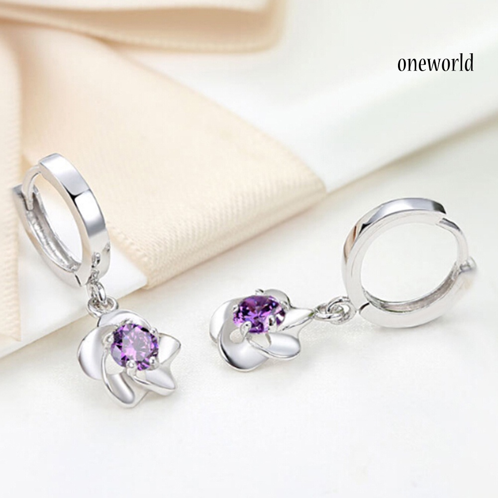 OW@ Fashion Women Plum Blossom Shape Dangle Rhinestone Leaverback Earrings Jewelry