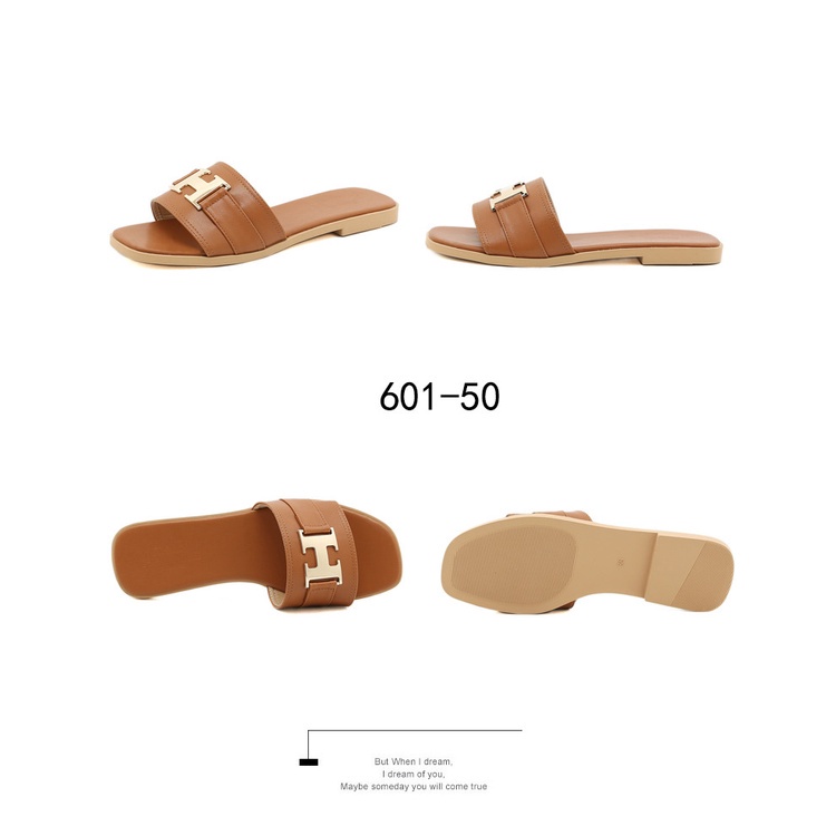 Leather Logo H Flats Sandals  #601-50 New