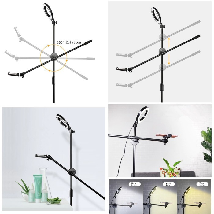 Lampu RING LIGHT STAND VIDEO FLAT LAY TRIPOD HP BOOM ARM ROTARY 360 tinggi 180cm