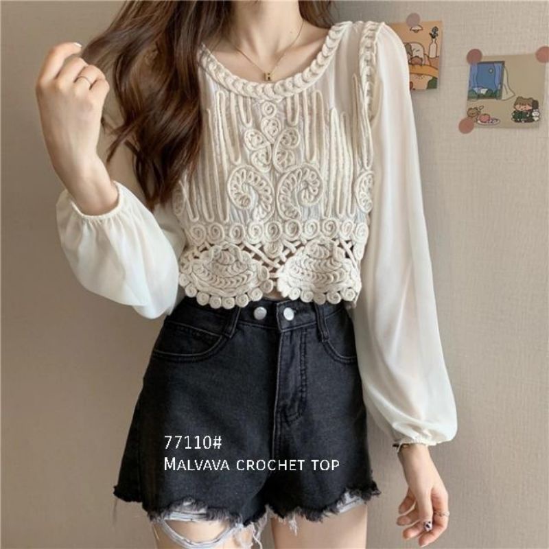 MDLV ~ 77110 MALVAVA CROCHET TOP KOREA IMPORT ATASAN CROP LENGAN PANJANG BRUKAT FASHION IMPORT