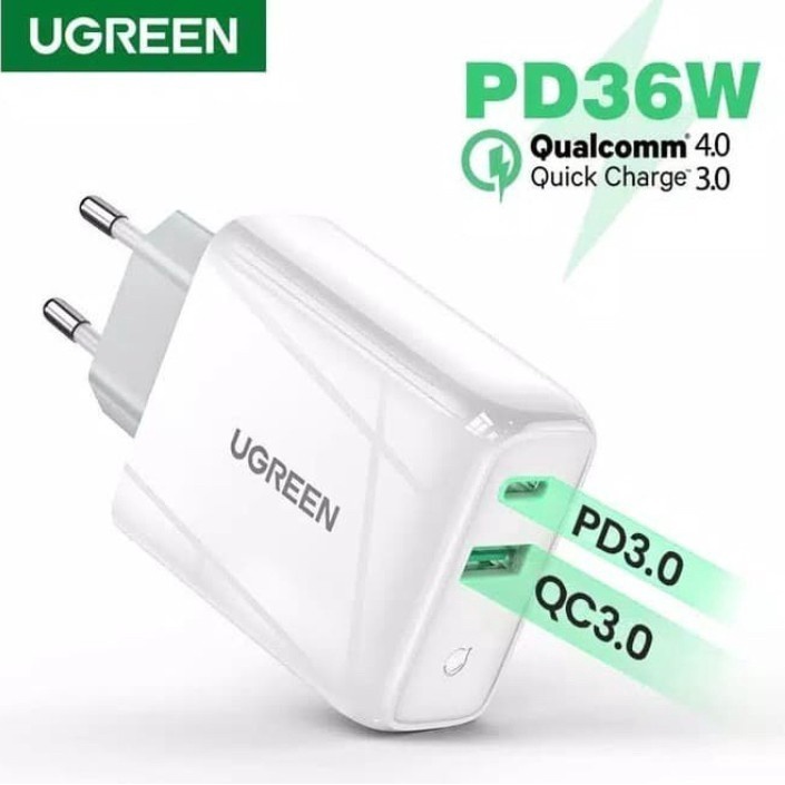 UGREEN Kepala Adaptor Adapter Dual Port Output PD Fast Charging 36W Samsung Oppo Vivo CD170