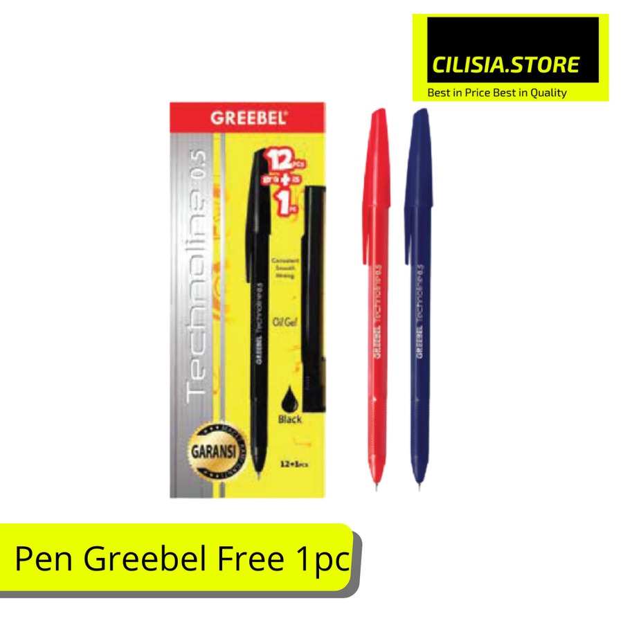

Pulpen Greebel Technoline Ukuran 0.5mm Tinta Hitam, Biru, Merah 12+1pc