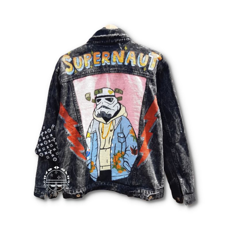 Arfacloth - Denim Jacket Black Invader - Jaket Jeans Custom - Lukis Painting Art