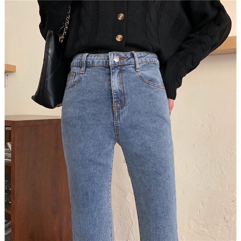 Fashion Korea style jeans hitam wanita high wasit celana panjang