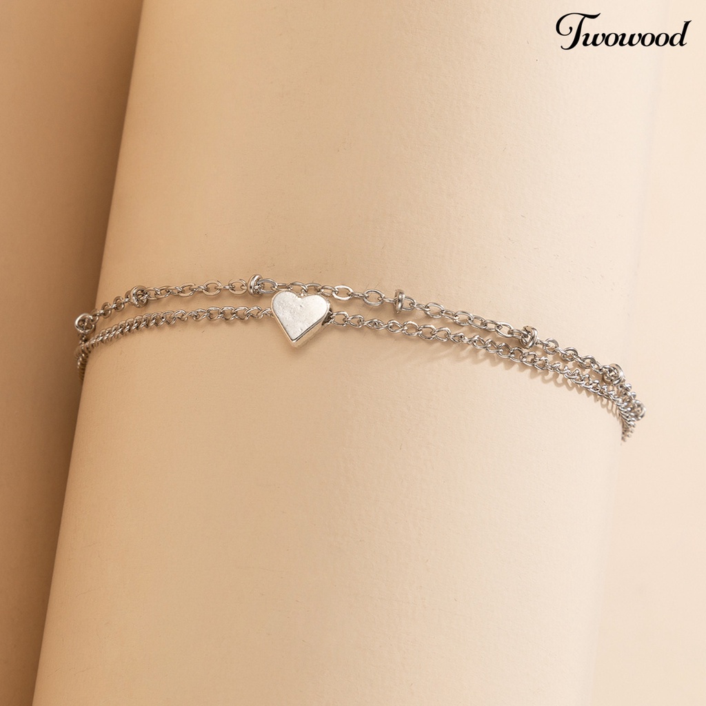 Twowood Double Layered Women Anklet Heart Pendant Alloy Adjustable Elegant Chain Anklet Foot Jewelry