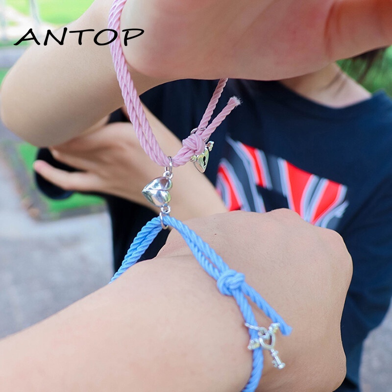 2Pcs Gelang Couple Magnet Pasangan Bracelet Cinta Kunci Gelang Kapel Persahabatan Hitam Wanita Dan Pria Aksesoris