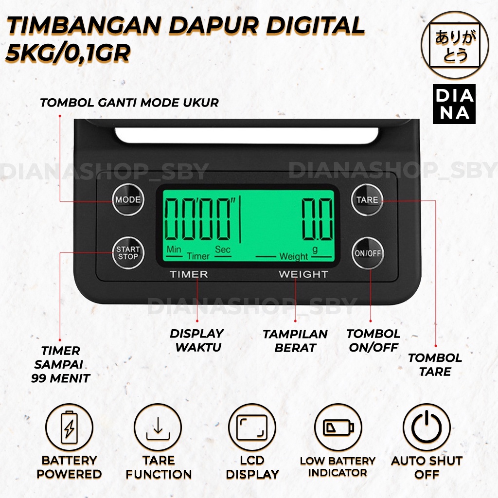 Timbangan Kopi Digital V60 Timer 5KG/0.1GR Drip Coffee Scale Kue Roti Baking