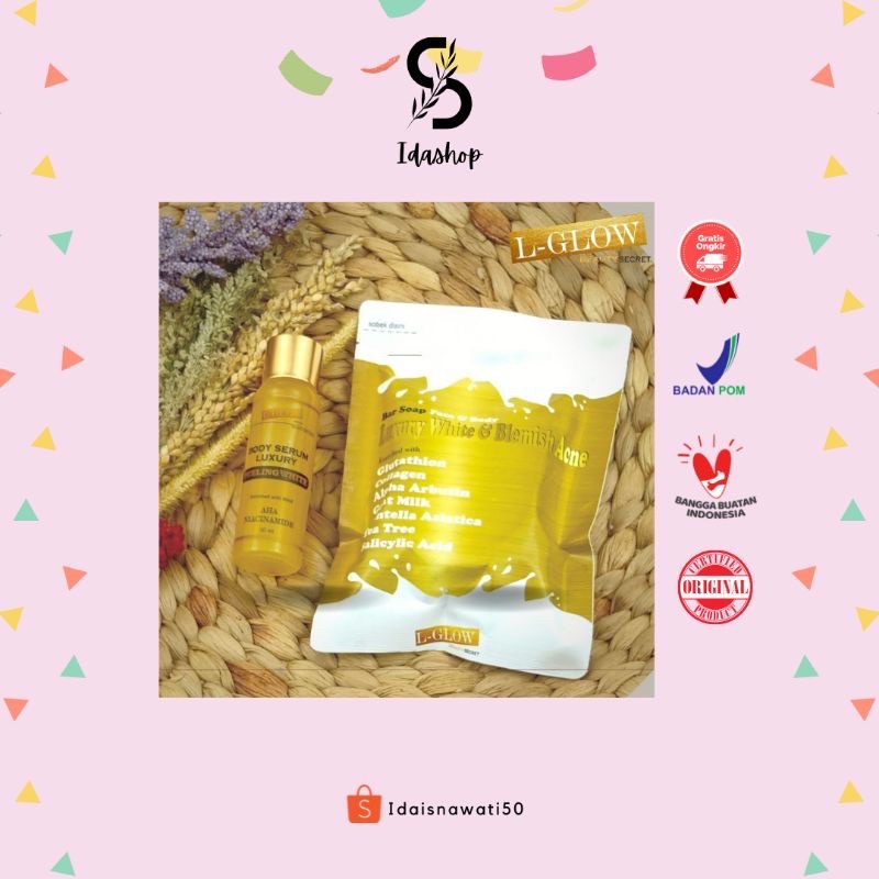 SERUM LUXURY PEELING WHITE L GLOW / BAR SOAP FACE&BODY LUXURY WHITE & BLEMISH ACNE / GLUTA AHA LGLOW