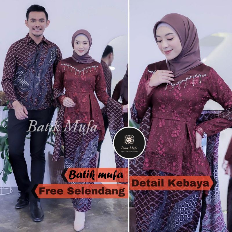 Kebaya batik couple KALENA Maroon (GRATIS HIJAB) KEBAYA MODERN Kebaya wisuda kebaya lamaran tunangan