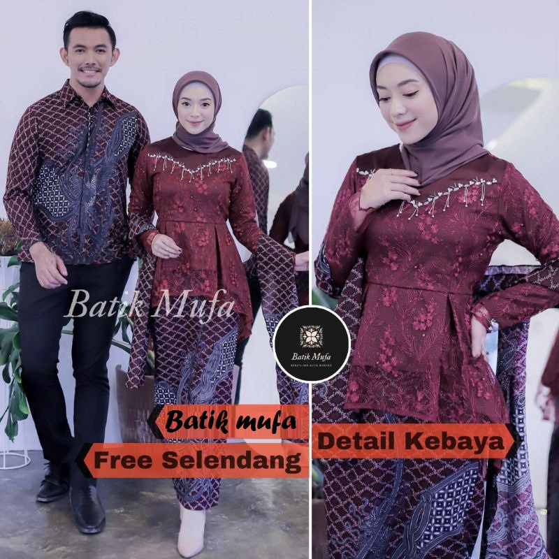 Jual Kebaya Batik Couple Kalena Maroon Gratis Hijab Kebaya Modern Kebaya Wisuda Kebaya Lamaran 