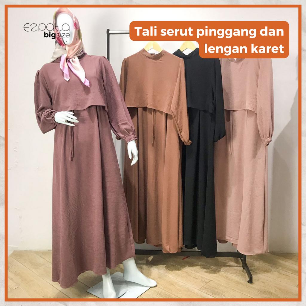 Gamis Crinkle Polos Wanita Remaja Basic Pinggang Tali Serut Lengan Panjang Karet LD 110cm Terbaru Termurah