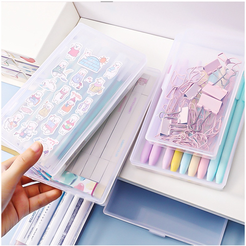 [Portable Clamshell Square Clear Plastic Desktop Sorting Storage Box] [Multifunctional Transparent Simple Desk Pencil Case Label Organizer Box ]