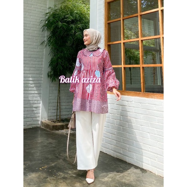 atasan batik wanita modern blouse kerja wanita lurik salur lengan balon resleting depan by batik aziza