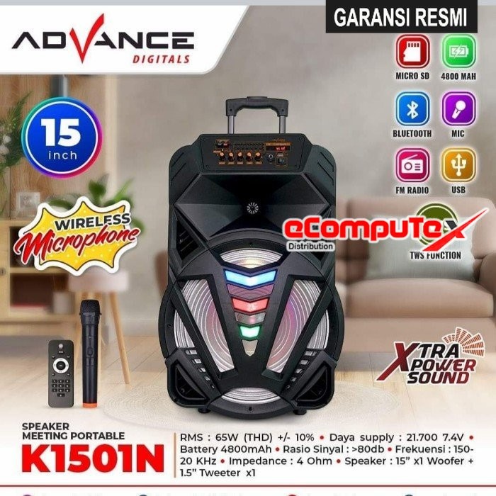 SPEAKER ADVANCE PORTABLE K-1501N K1501N BLUETOOTH 15 INCH KOPER + 1 MIC WIRELESS GARANSI RESMI