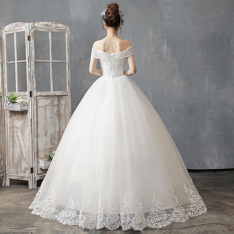 Putih Sederhana Off Shoulder Lace Payet Wedding Dress Bridal Ball Gown Dress