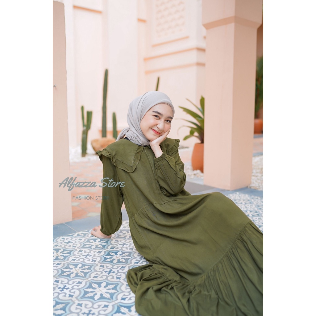 ALFAZZA STORE - NISA MIDI - MIDI DRESS - TERBARU - KERAH KUPU-KUPU - BIG SIZE - ALL SIZE - L - XL - FASHION WANITA - TERBARU - RAYON PREMIUM -  Dress Menyusui Motif Polos Rayon Crinkle Pakaian Muslim Wanita