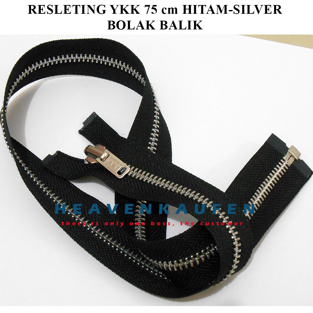 Resleting Zipper YKK 75 cm Daun Hitam Gigi Silver Bolak Balik