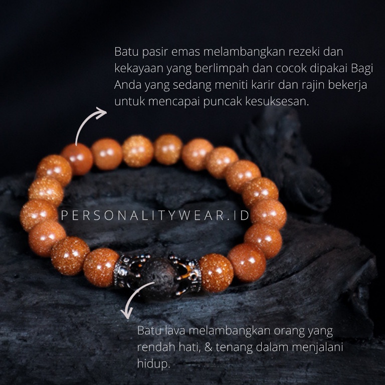 Gelang Pria Wanita Cowok Cewek Keren Simple Dewasa Batu Pasir Emas dan Lava Rock Hitam ASLI Alam Natural