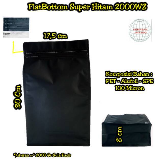 Kemasan Flat Bottom Alufoil Hitam 2000 Gram Zipper. Kemasan kopi