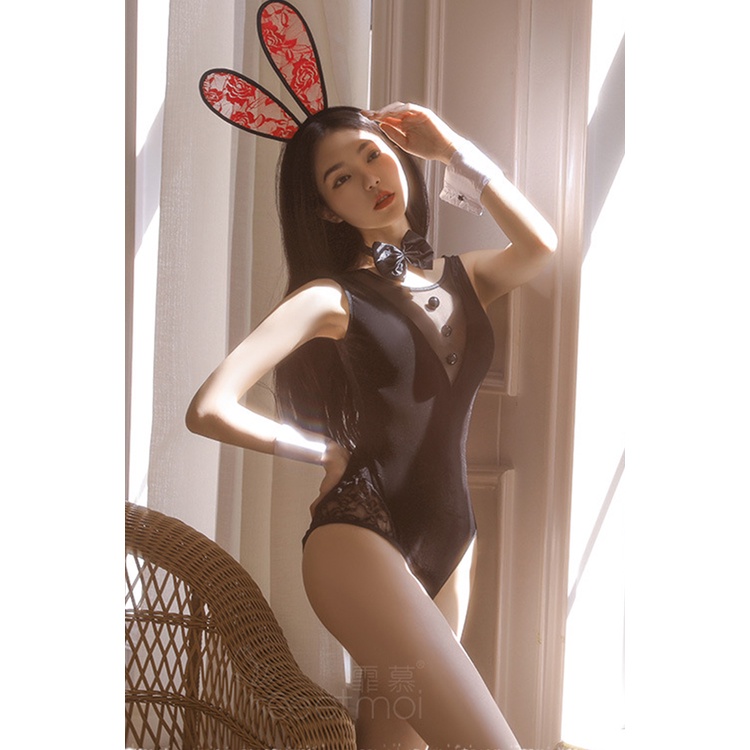 RR1417BK COSTUME Lingerie Cosplay Bunny Halloween Girl LINGERIE LEOTARD / TEDDY + BANDO Dasi + hand acc + bunny clip