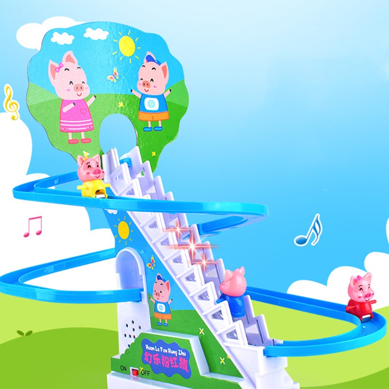 Mary Piggy Rel Listrik Naik Tangga Mainan Musik Ringan Ramp Racer Track Slide Hadiah