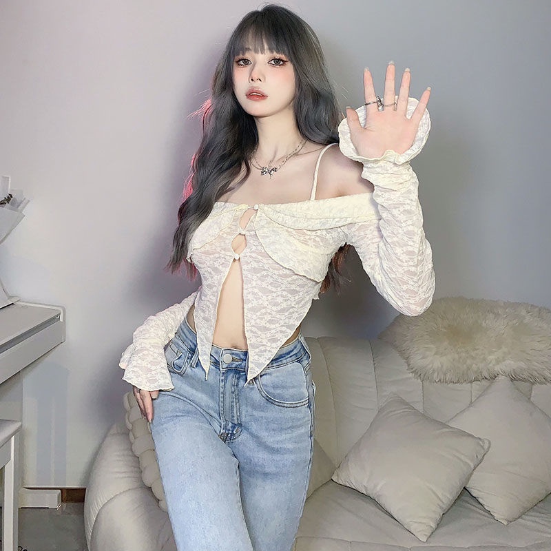 Prove kekinian atasan crop top French pure desire girl niche thin suspender T-shirt female ins net red chic hollow top summer baju import kaos wanita korean style