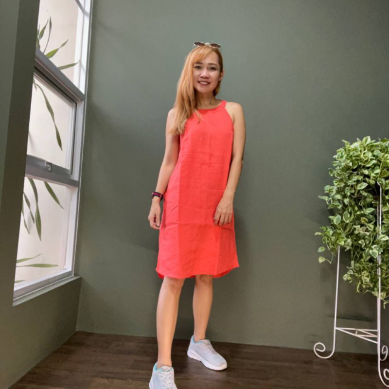 Dress Linen Orange - Midi Dress Tanpa Lengan - Halter Neck